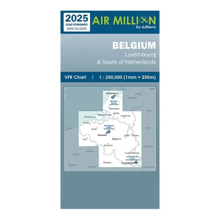 Carte VFR AIRMILLION Belgique Luxembourg et Sud de la Hollande 2025 Echelle de 1 250000